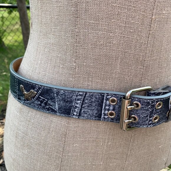 Vintage Y2K Denim Embossed Leather Silver Eagles Belt New - Picture 3 of 14